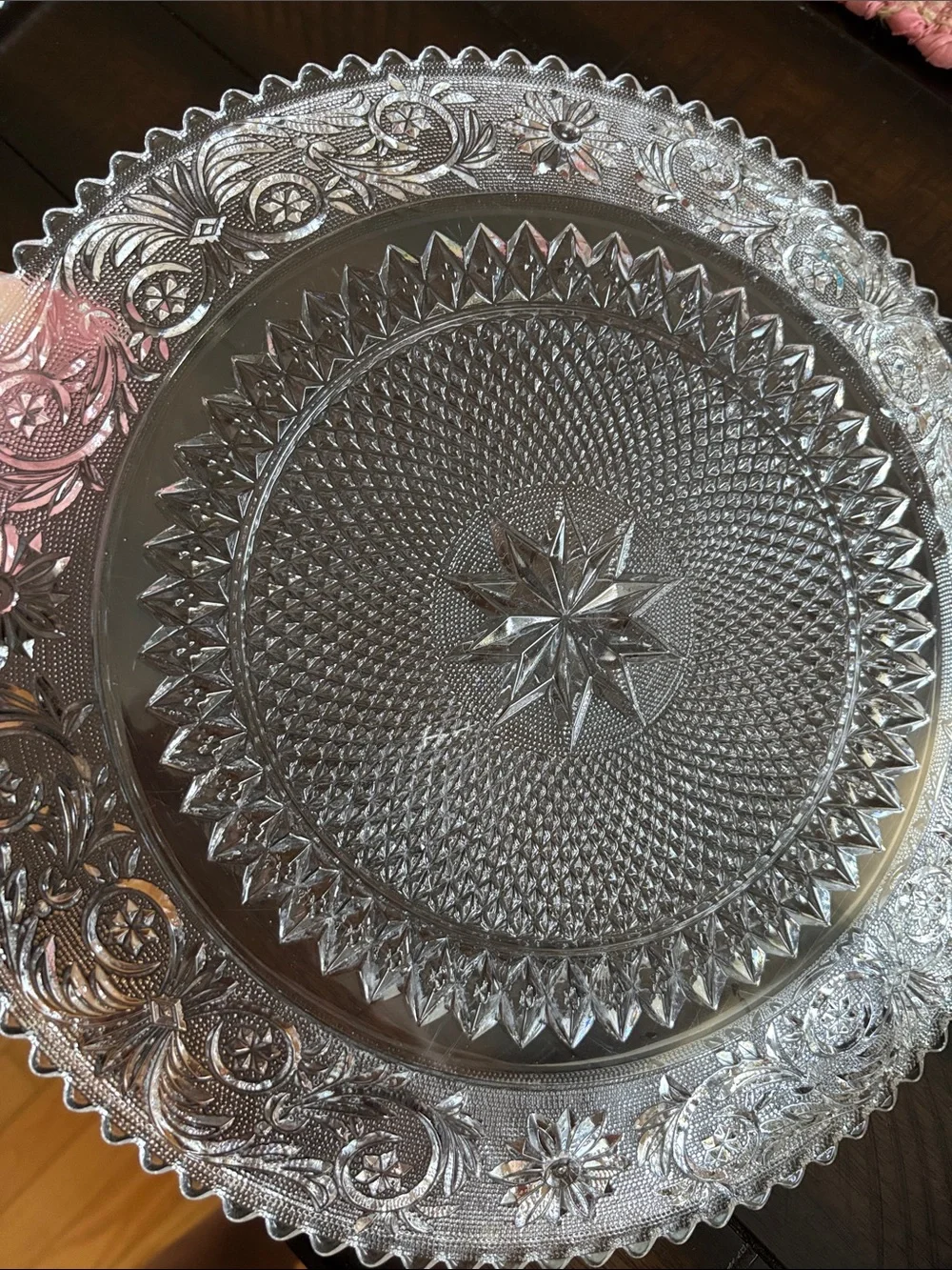 Vintage Pressed Glass Plate with Starburst and Ornate Floral Border